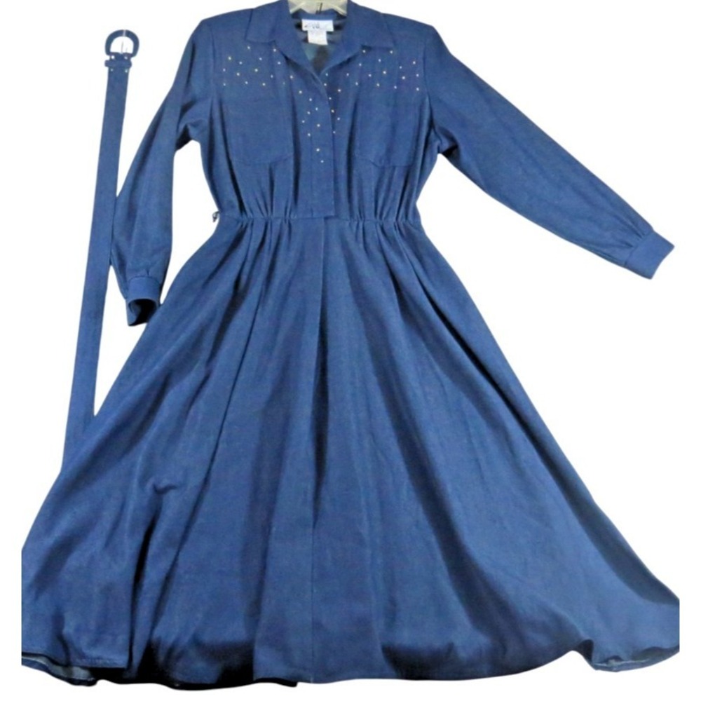 Willi of California VTG 80s Denim Look Dress Blue Studded Midi Western USA Women